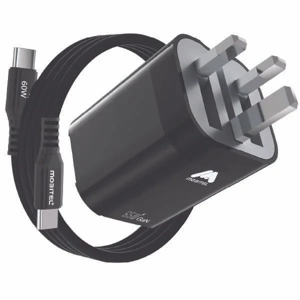 Mobitel USB-C Charger Plug, 65W Fast Charger 3-Ports Foldable UK Plug with 60W C-to-C Cable, for MacBook/iPhone/iPad/All USB-C Devices Black